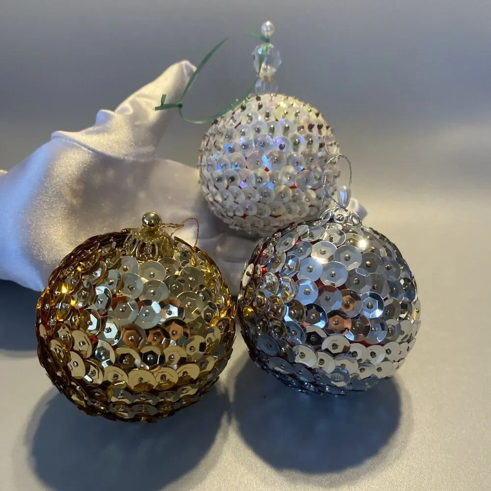 3 Vintage Christmas Sequin Push Pin Ornaments Gold Silver White Ball Handmade